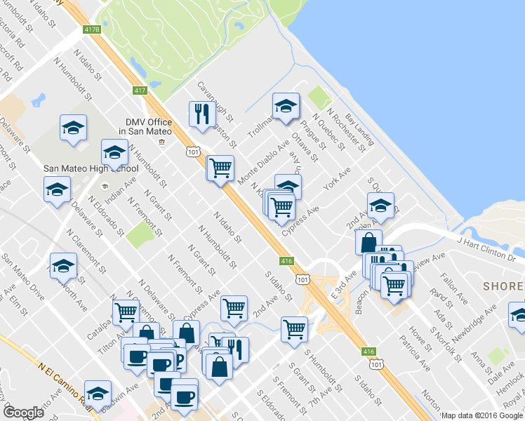 map of restaurants, bars, coffee shops, grocery stores, and more near 56 North Bayshore Boulevard in San Mateo