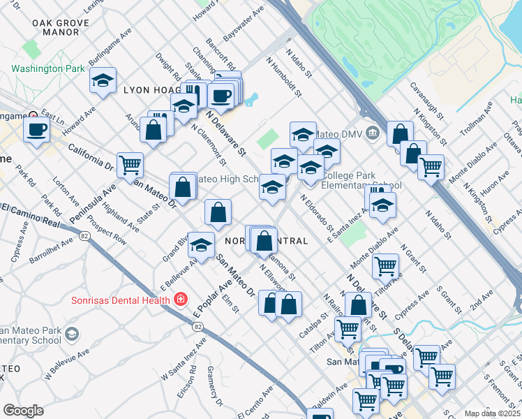 map of restaurants, bars, coffee shops, grocery stores, and more near 423 North Claremont Street in San Mateo