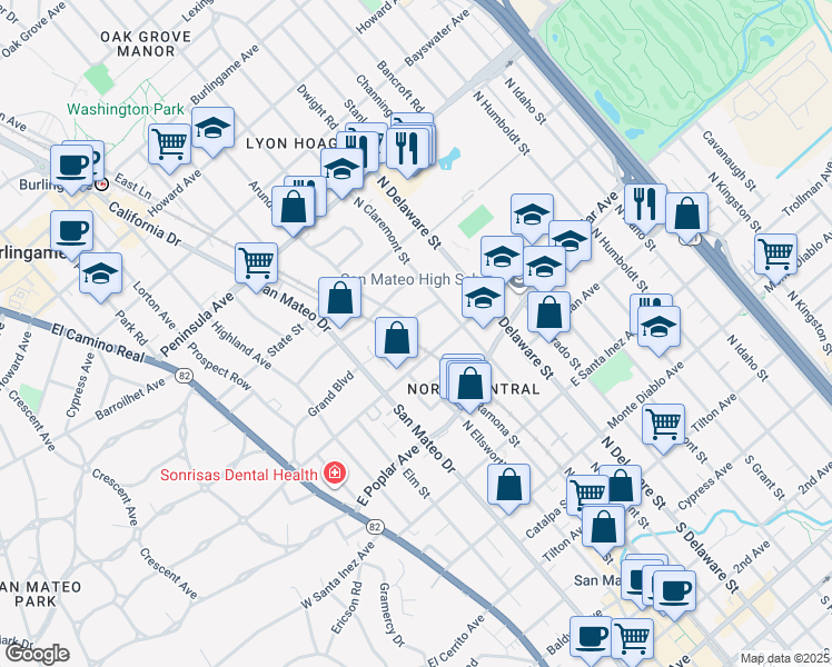 map of restaurants, bars, coffee shops, grocery stores, and more near 401 East Bellevue Avenue in San Mateo