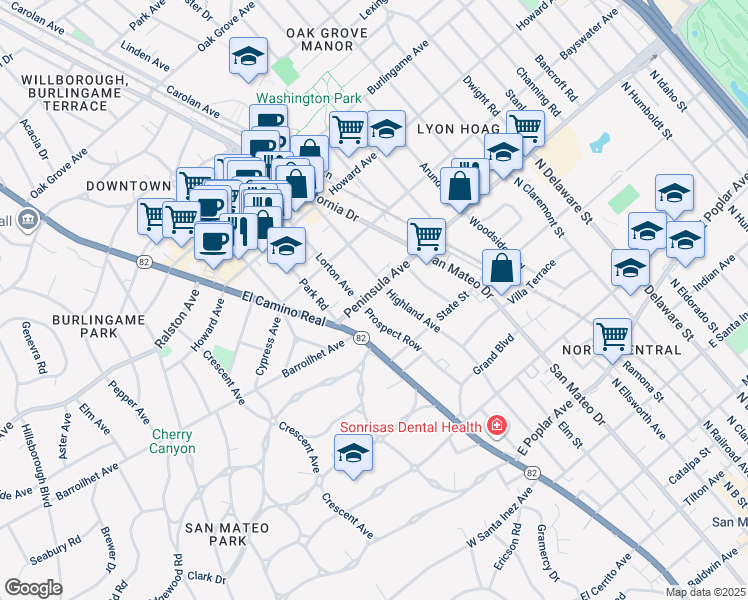 map of restaurants, bars, coffee shops, grocery stores, and more near 856 Prospect Row in San Mateo