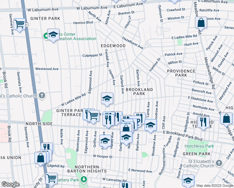 map of restaurants, bars, coffee shops, grocery stores, and more near 3215 Hanes Avenue in Richmond