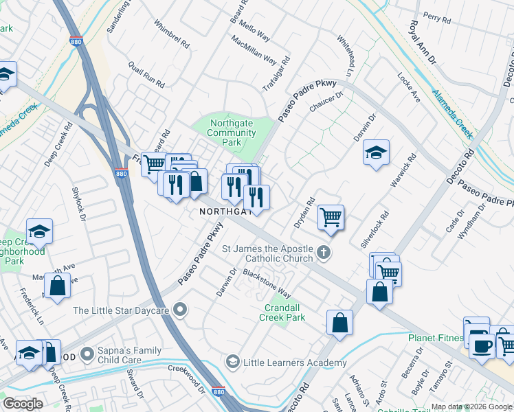 map of restaurants, bars, coffee shops, grocery stores, and more near 34460 Fremont Boulevard in Fremont
