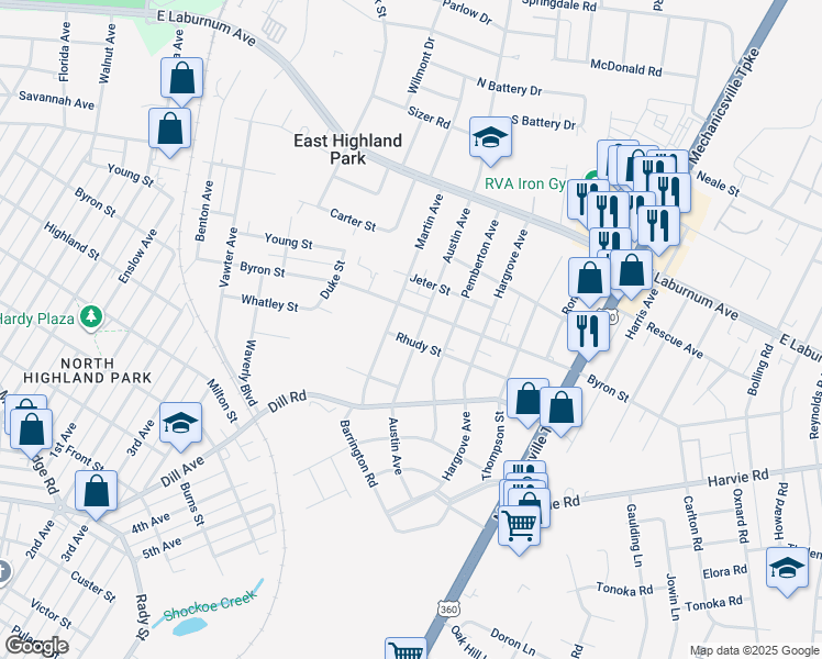 map of restaurants, bars, coffee shops, grocery stores, and more near 3502 Austin Avenue in Richmond