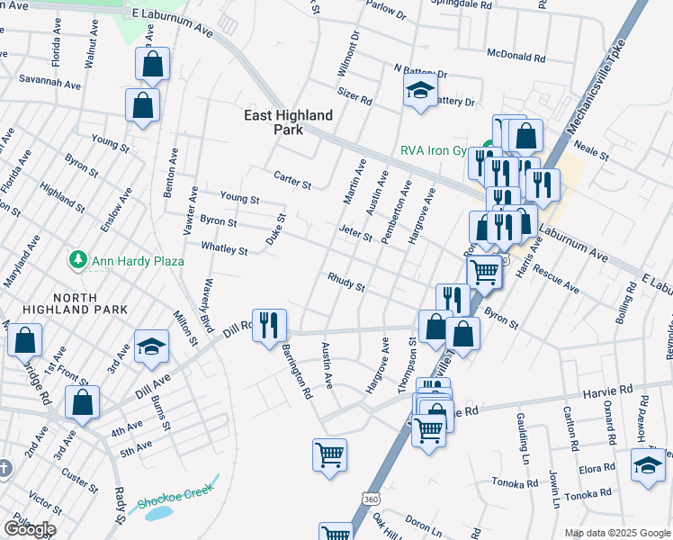 map of restaurants, bars, coffee shops, grocery stores, and more near 3502 Austin Avenue in Richmond