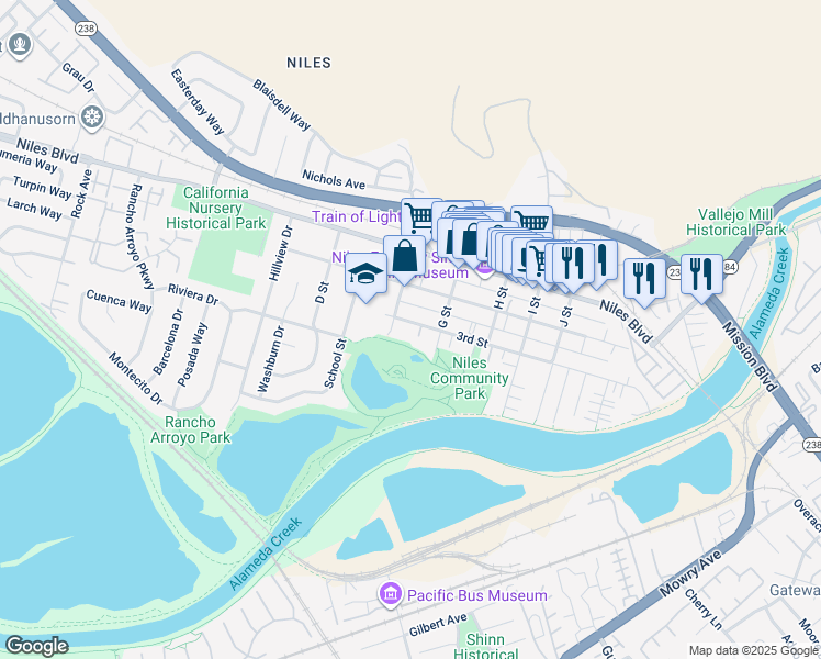 map of restaurants, bars, coffee shops, grocery stores, and more near 37373 3rd Street in Fremont