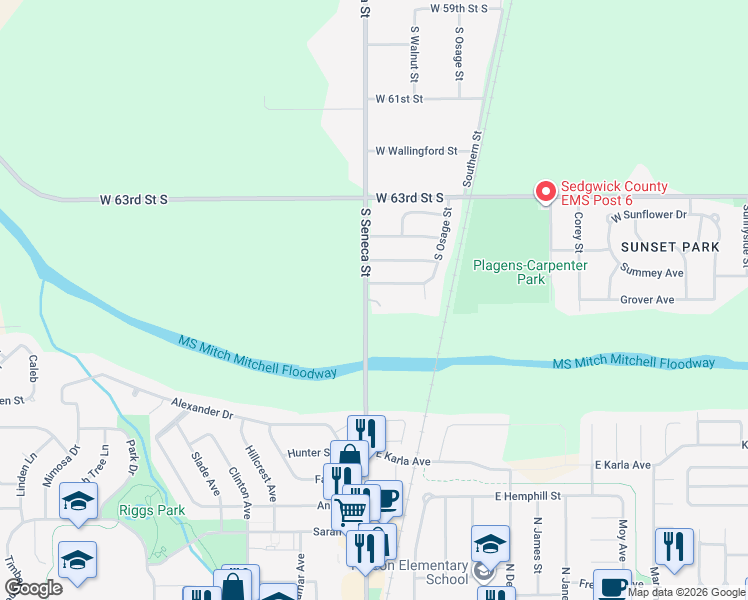 map of restaurants, bars, coffee shops, grocery stores, and more near West Grover Street in Wichita