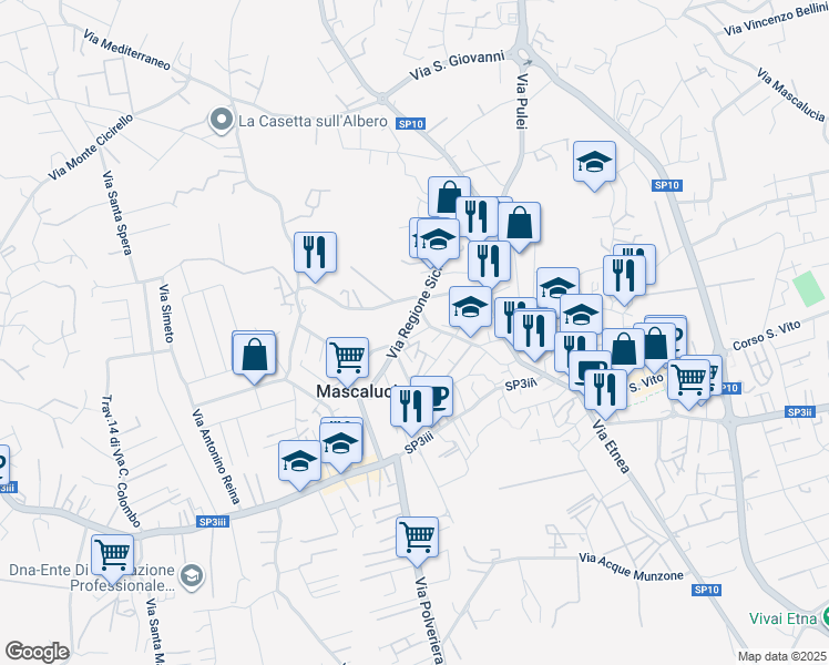 map of restaurants, bars, coffee shops, grocery stores, and more near 23 Via Affitto in Mascalucia