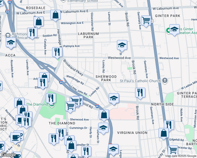 map of restaurants, bars, coffee shops, grocery stores, and more near 1406 Brookland Parkway in Richmond