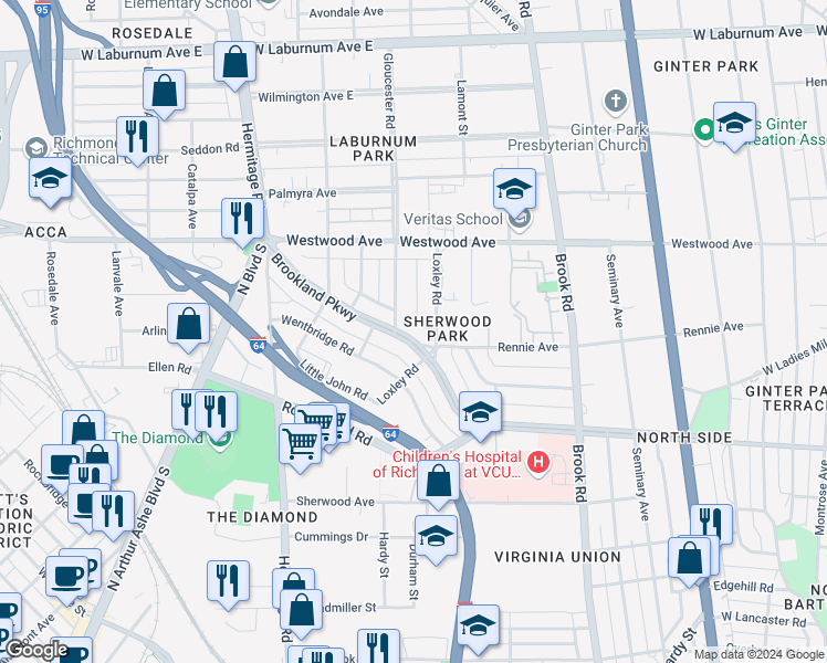 map of restaurants, bars, coffee shops, grocery stores, and more near 1406 Brookland Parkway in Richmond