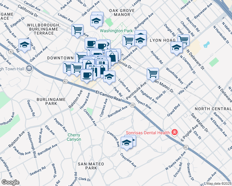 map of restaurants, bars, coffee shops, grocery stores, and more near 33 Park Road in Burlingame