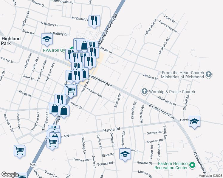 map of restaurants, bars, coffee shops, grocery stores, and more near 2701 East Laburnum Avenue in Richmond