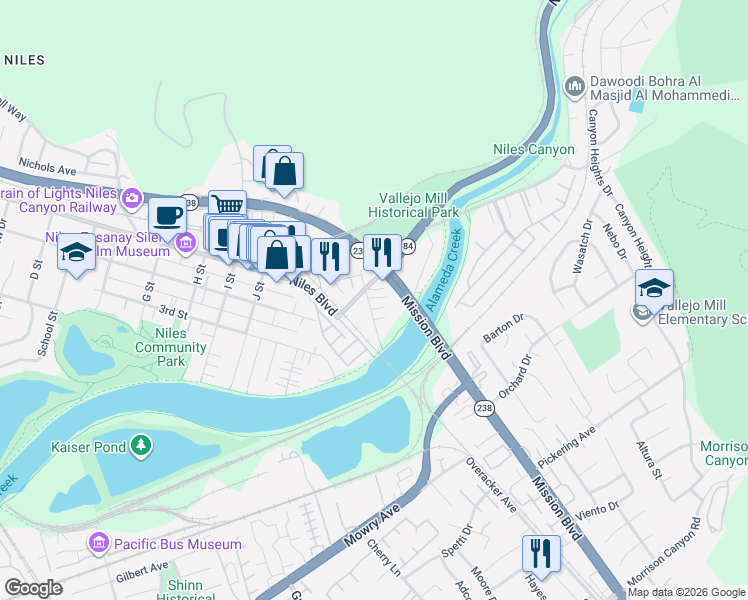 map of restaurants, bars, coffee shops, grocery stores, and more near 38039 Vallejo Street in Fremont