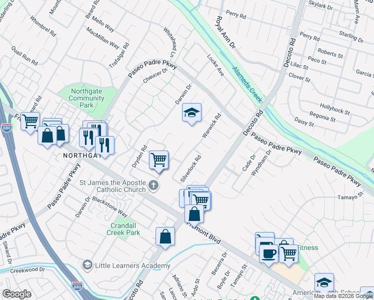 map of restaurants, bars, coffee shops, grocery stores, and more near 3625 Warwick Road in Fremont