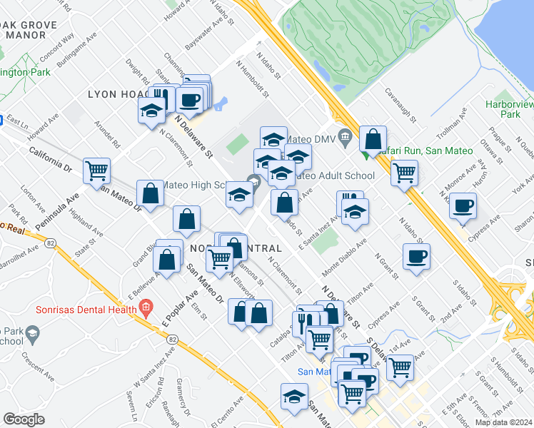 map of restaurants, bars, coffee shops, grocery stores, and more near in San Mateo