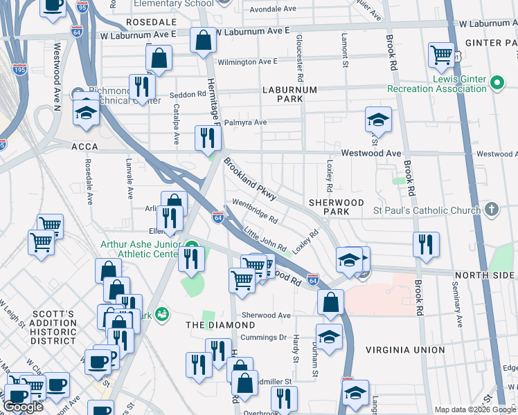 map of restaurants, bars, coffee shops, grocery stores, and more near 1506 Wentbridge Road in Richmond