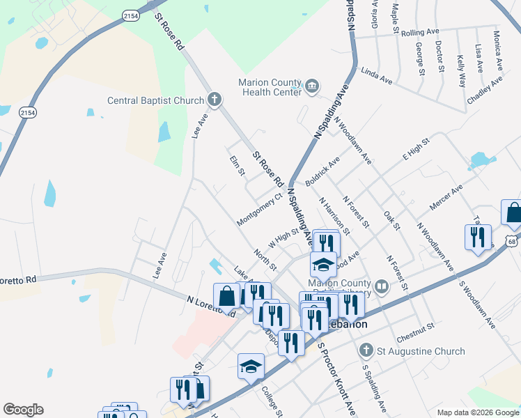map of restaurants, bars, coffee shops, grocery stores, and more near 156 Montgomery Court in Lebanon