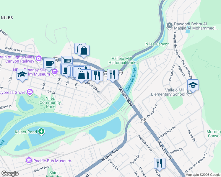 map of restaurants, bars, coffee shops, grocery stores, and more near 38016 Vallejo Street in Fremont