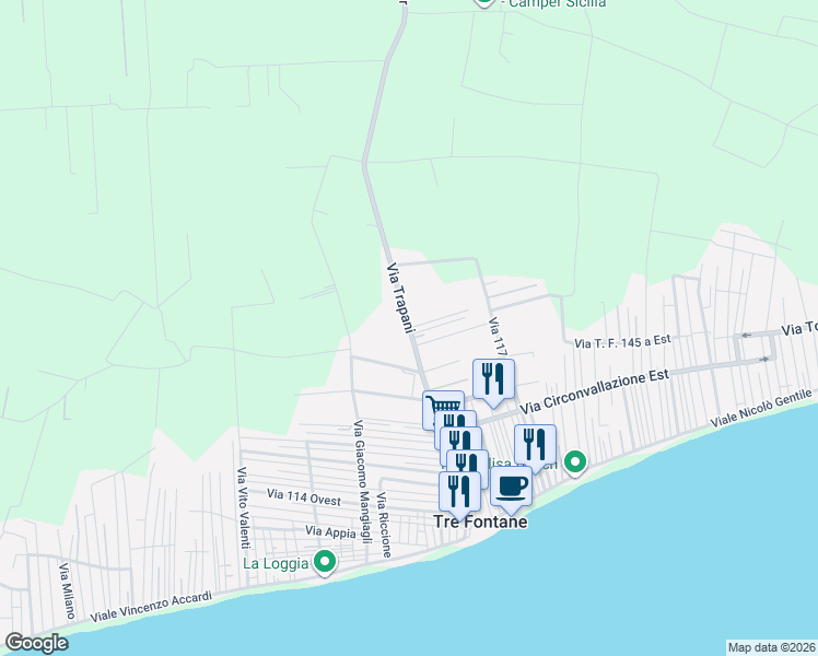 map of restaurants, bars, coffee shops, grocery stores, and more near 57 Via Trapani in Tre Fontane
