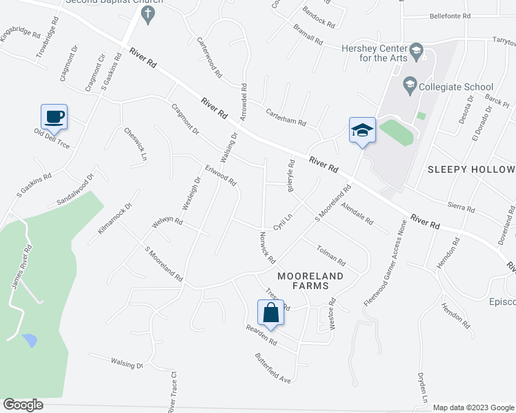 map of restaurants, bars, coffee shops, grocery stores, and more near 9013 Norwick Road in Richmond