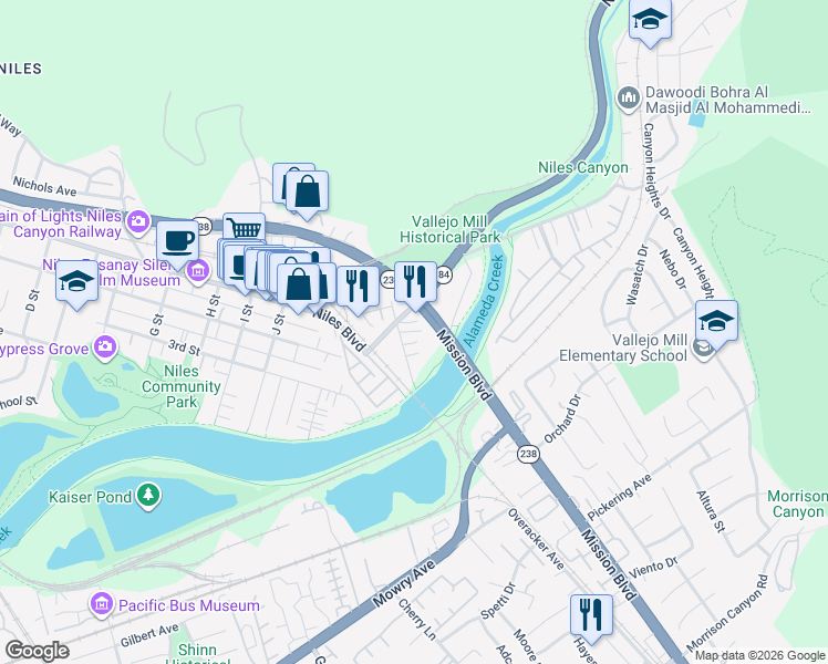 map of restaurants, bars, coffee shops, grocery stores, and more near 38016 Vallejo Street in Fremont