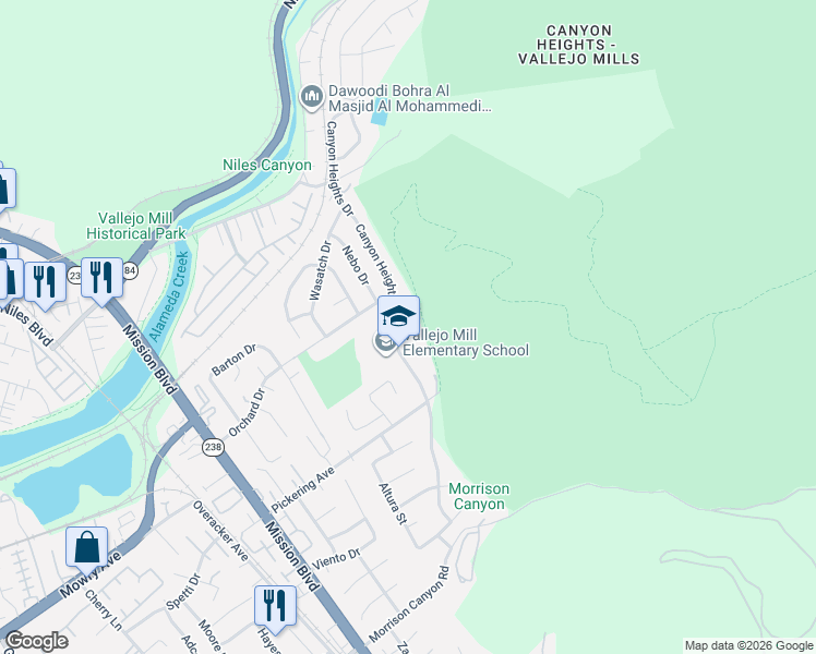 map of restaurants, bars, coffee shops, grocery stores, and more near 38600 Canyon Heights Drive in Fremont