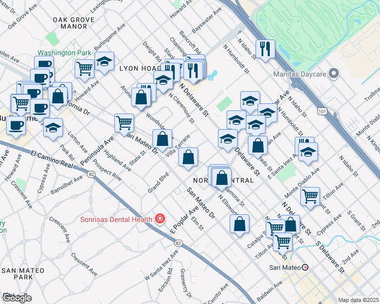 map of restaurants, bars, coffee shops, grocery stores, and more near 329 Grand Boulevard in San Mateo