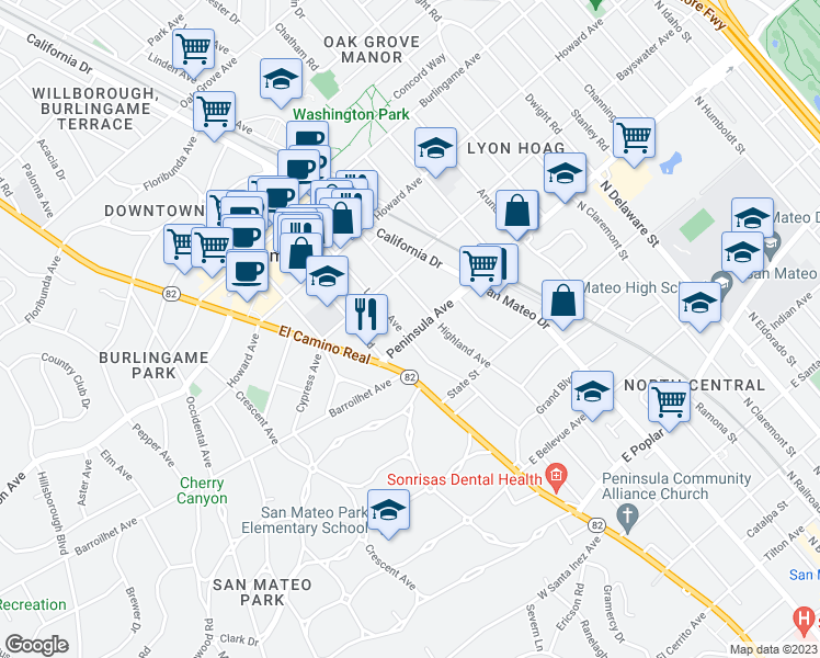 map of restaurants, bars, coffee shops, grocery stores, and more near 856 Prospect Row in San Mateo