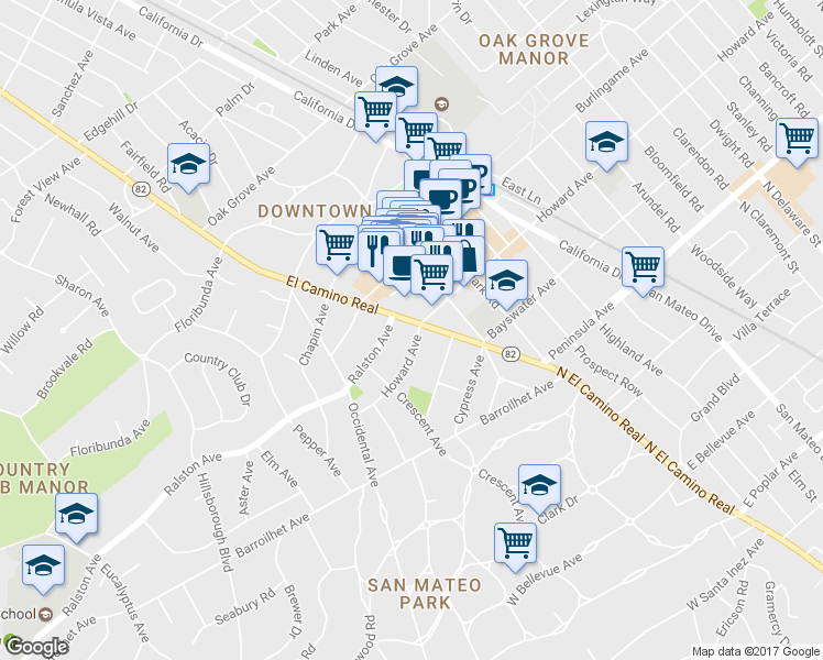map of restaurants, bars, coffee shops, grocery stores, and more near 1517 Howard Avenue in Burlingame