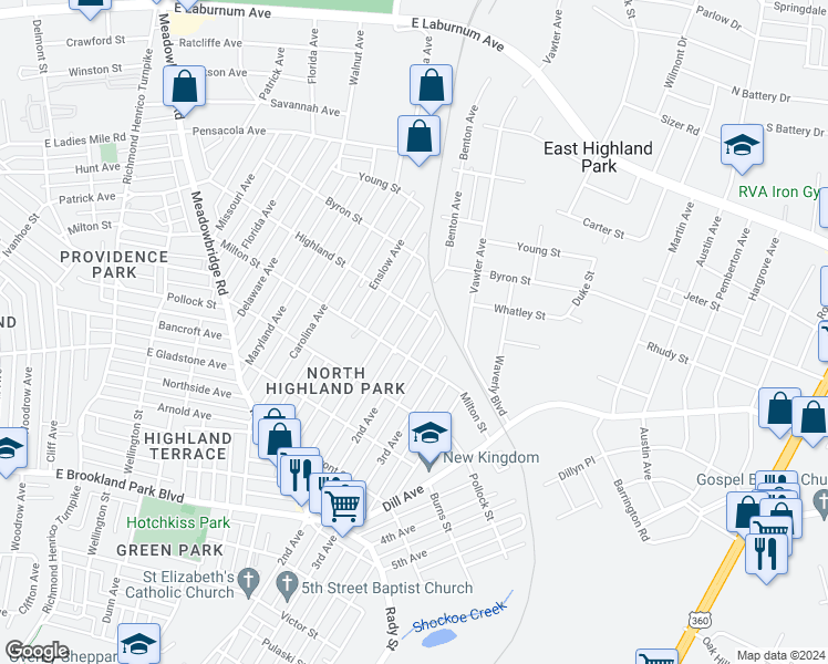 map of restaurants, bars, coffee shops, grocery stores, and more near 3407 2nd Avenue in Richmond