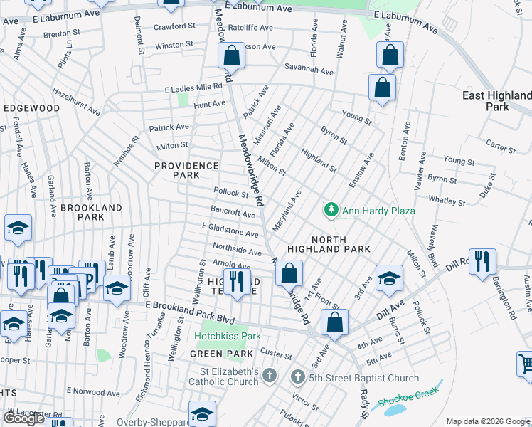 map of restaurants, bars, coffee shops, grocery stores, and more near 800 Burns Street in Richmond