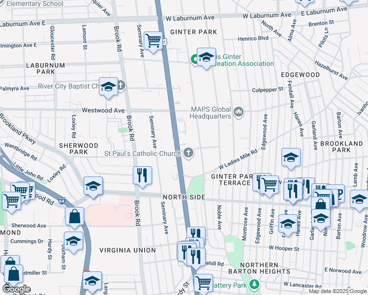map of restaurants, bars, coffee shops, grocery stores, and more near 909 Rennie Avenue in Richmond