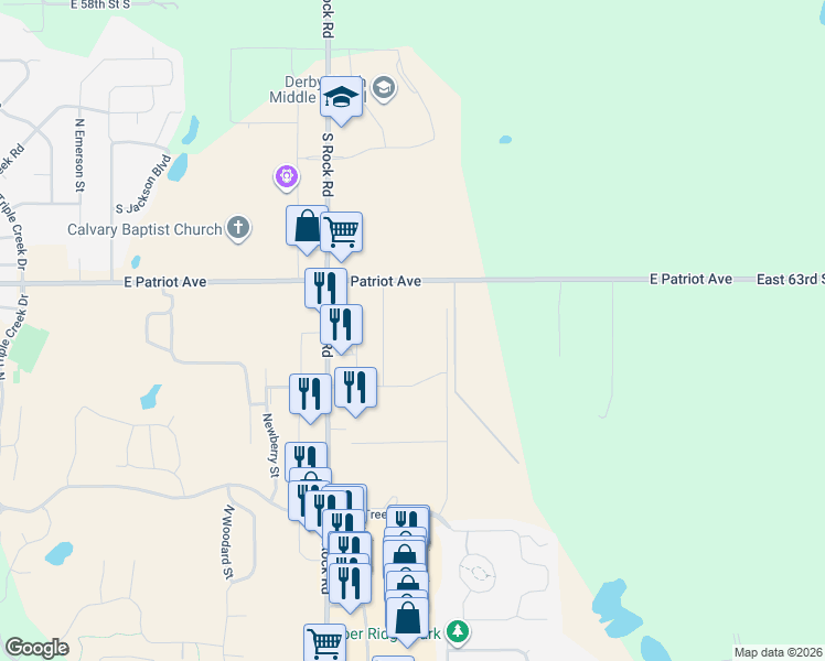 map of restaurants, bars, coffee shops, grocery stores, and more near 8315 East 63rd Street South in Derby