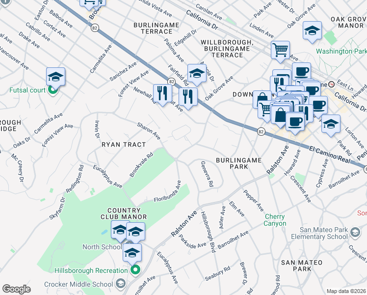 map of restaurants, bars, coffee shops, grocery stores, and more near 1775 Floribunda Avenue in Hillsborough