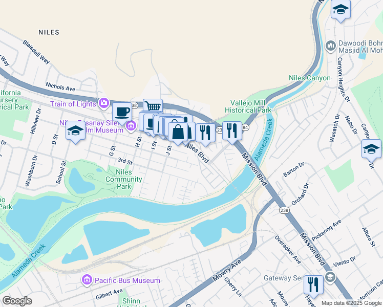 map of restaurants, bars, coffee shops, grocery stores, and more near 37847 Niles Boulevard in Fremont