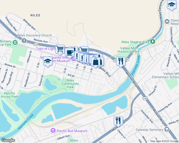map of restaurants, bars, coffee shops, grocery stores, and more near 185 J Street in Fremont