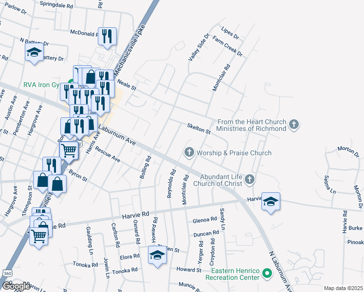 map of restaurants, bars, coffee shops, grocery stores, and more near 3724 Arborgrove Court in Richmond