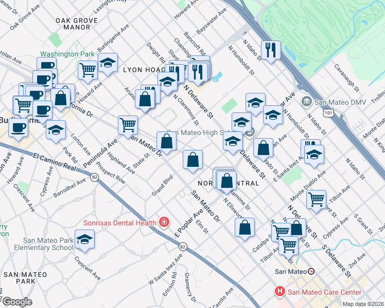 map of restaurants, bars, coffee shops, grocery stores, and more near 617 Woodside Way in San Mateo