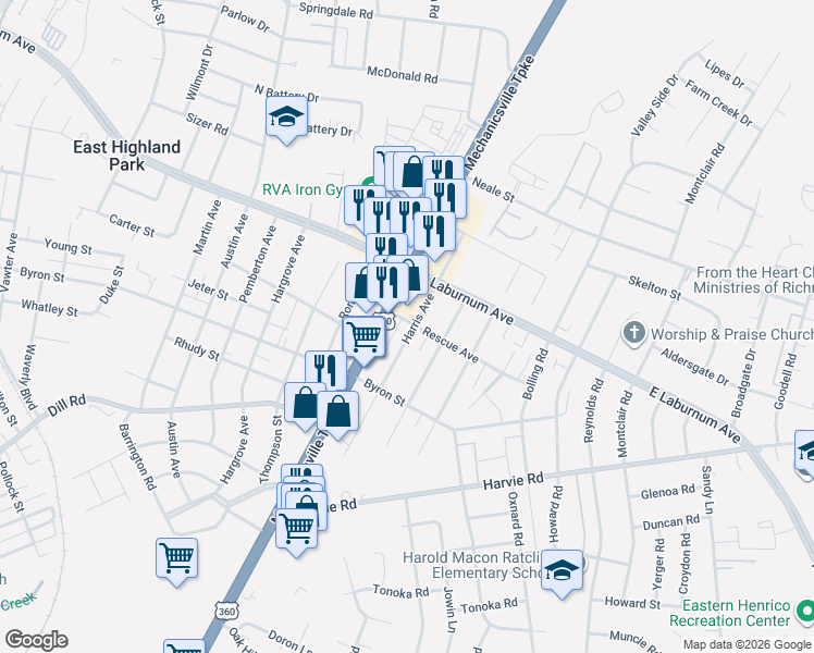map of restaurants, bars, coffee shops, grocery stores, and more near 3622 Harris Avenue in Richmond