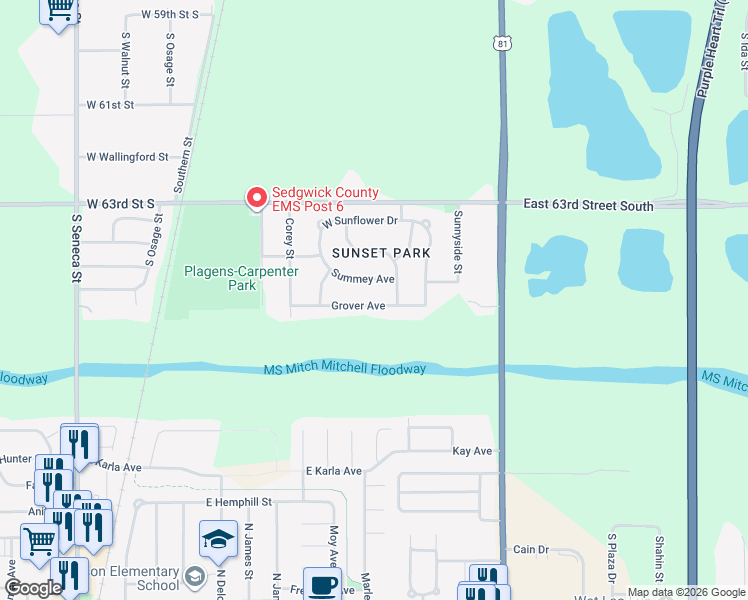 map of restaurants, bars, coffee shops, grocery stores, and more near 223 W Grover St in Wichita