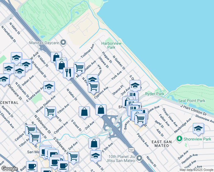 map of restaurants, bars, coffee shops, grocery stores, and more near 1504 York Avenue in San Mateo