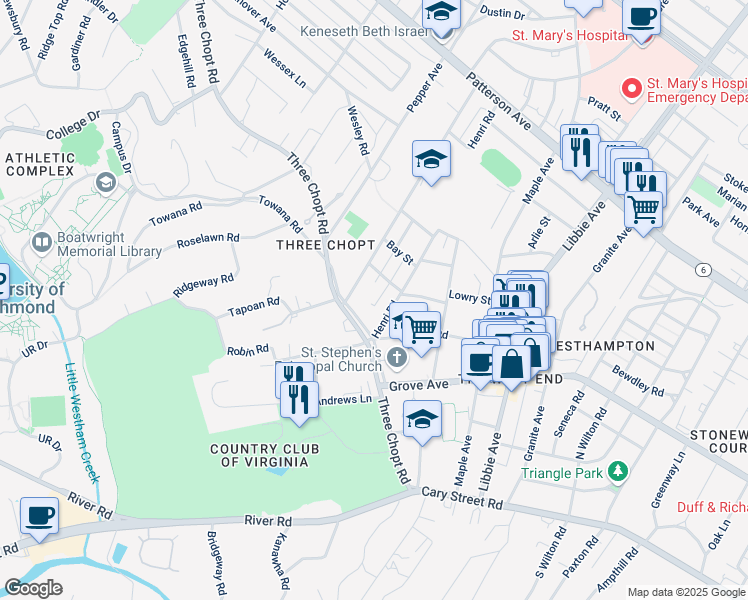 map of restaurants, bars, coffee shops, grocery stores, and more near 6108 Three Chopt Road in Richmond
