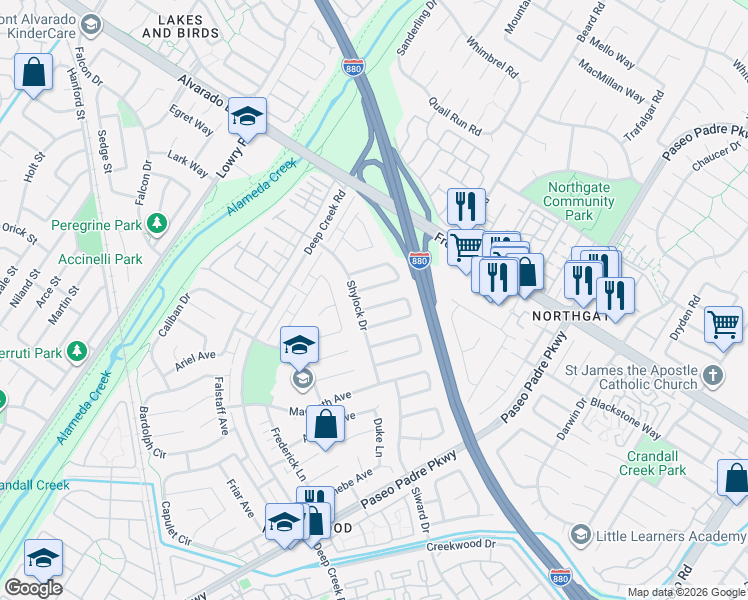 map of restaurants, bars, coffee shops, grocery stores, and more near 4309 Jessica Circle in Fremont