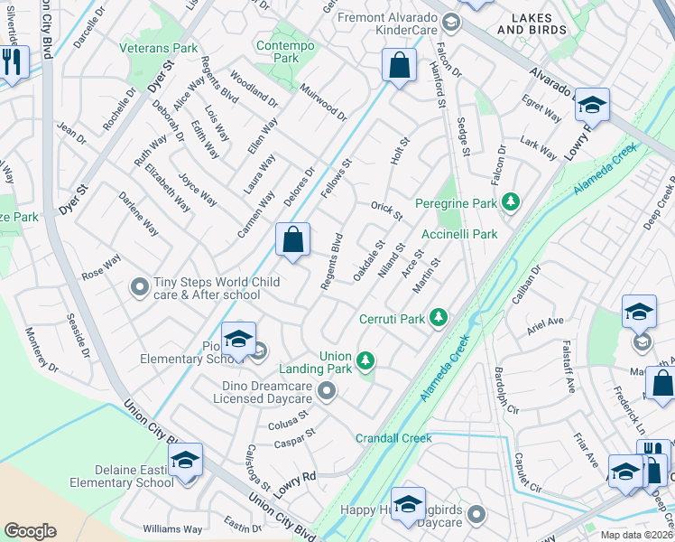 map of restaurants, bars, coffee shops, grocery stores, and more near 32920 Oakdale Street in Union City