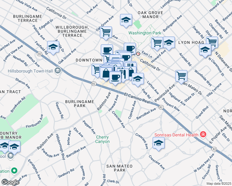 map of restaurants, bars, coffee shops, grocery stores, and more near 1500 Howard Avenue in Burlingame