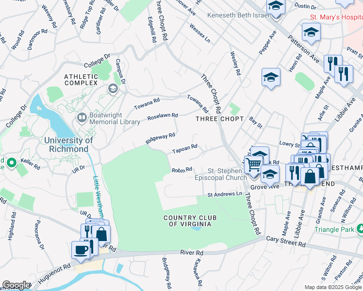 map of restaurants, bars, coffee shops, grocery stores, and more near 14 Tapoan Road in Richmond