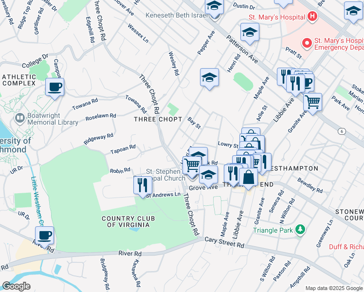 map of restaurants, bars, coffee shops, grocery stores, and more near 6108 Three Chopt Road in Richmond