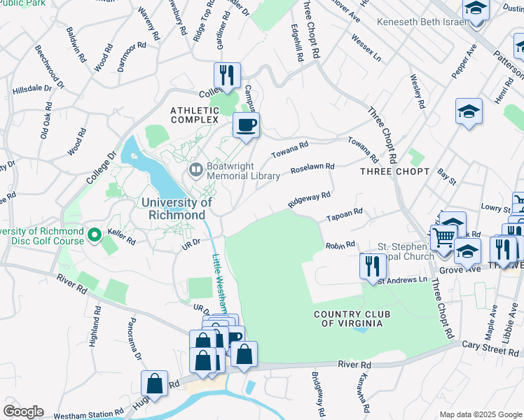 map of restaurants, bars, coffee shops, grocery stores, and more near 6336 Ridgeway Road in Richmond
