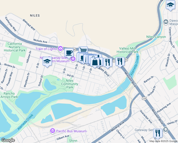 map of restaurants, bars, coffee shops, grocery stores, and more near 185 J Street in Fremont