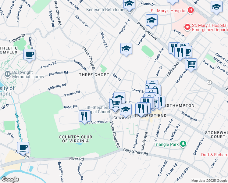 map of restaurants, bars, coffee shops, grocery stores, and more near 410 Henri Road in Richmond