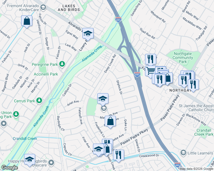 map of restaurants, bars, coffee shops, grocery stores, and more near 4356 Cassio Court in Fremont